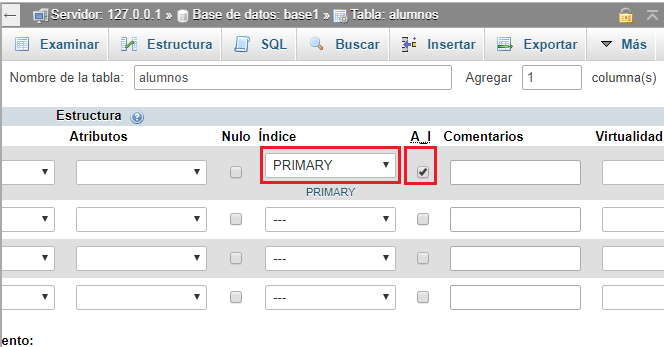 PHPMyAdmin creación de una tabla