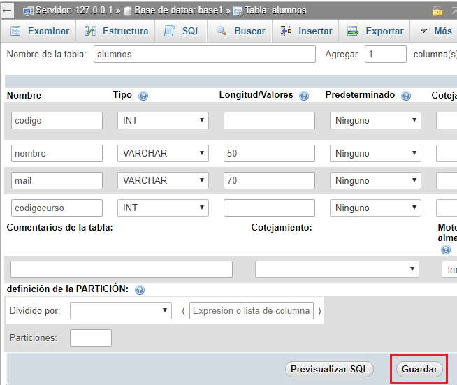 PHPMyAdmin creación de una tabla