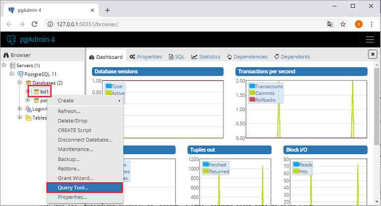 pgAdmin mostrar la ventana del Query Tool