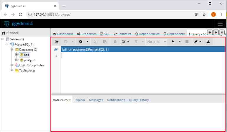 pgAdmin mostrar la ventana del Query Tool