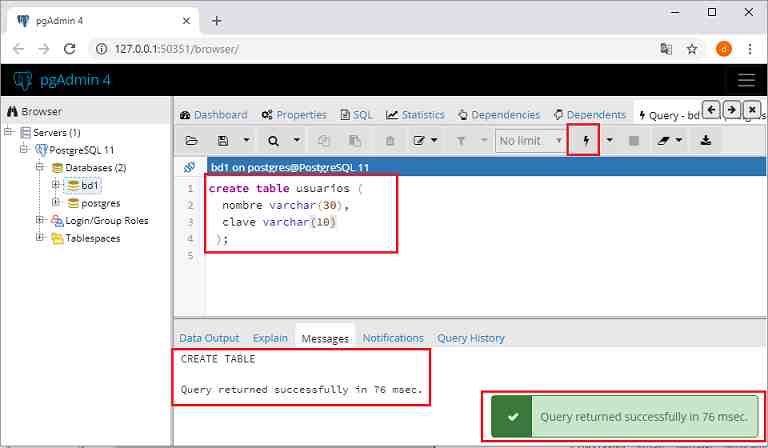 pgAdmin mostrar la ventana del Query Tool create table