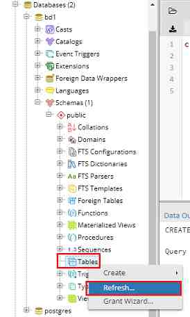 pgAdmin mostrar la ventana del Query Tool Refresh