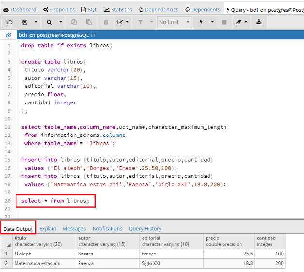 PostgreSQL pgAdmin tipos de datos