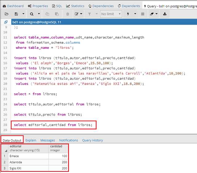 PostgreSQL pgAdmin recuperar algunos campos