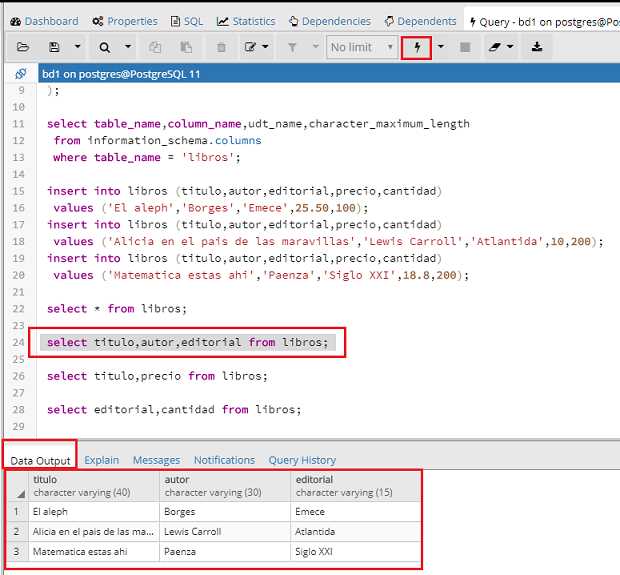 PostgreSQL pgAdmin recuperar algunos campos