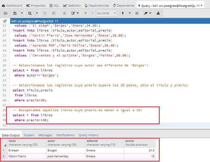 PostgreSQL pgAdmin operadores relacionales