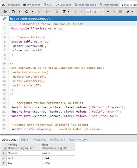 PostgreSQL pgAdmin comentarios