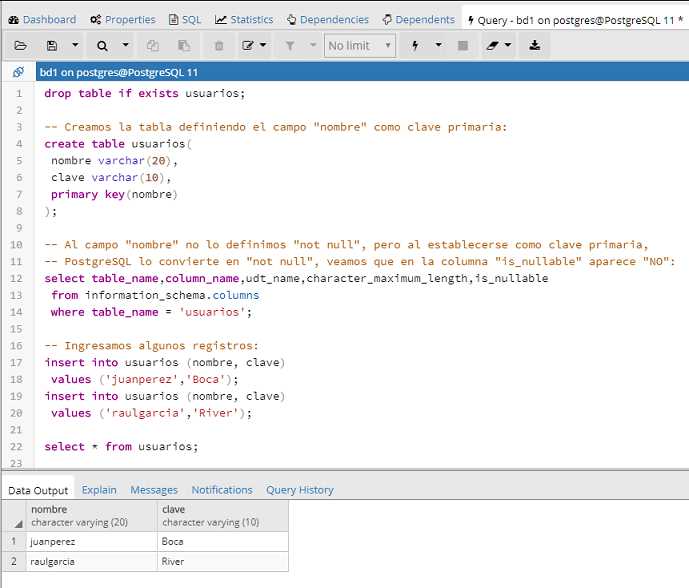 PostgreSQL pgAdmin clave primaria