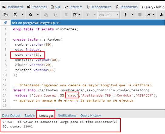 PostgreSQL pgAdmin tipo de dato texto