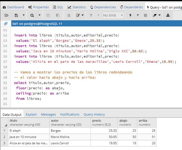 PostgreSQL pgAdmin funciones matemáticas