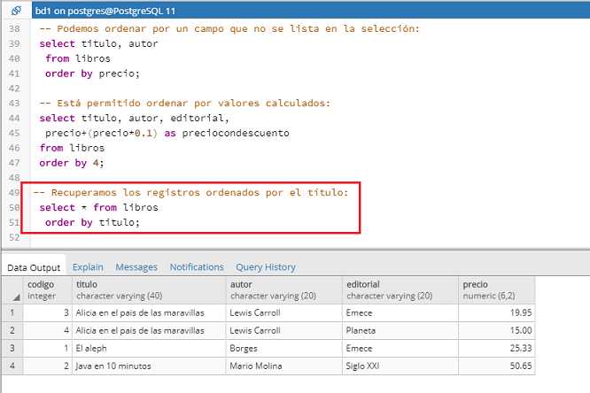 PostgreSQL pgAdmin order by