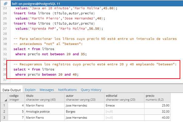 PostgreSQL pgAdmin between