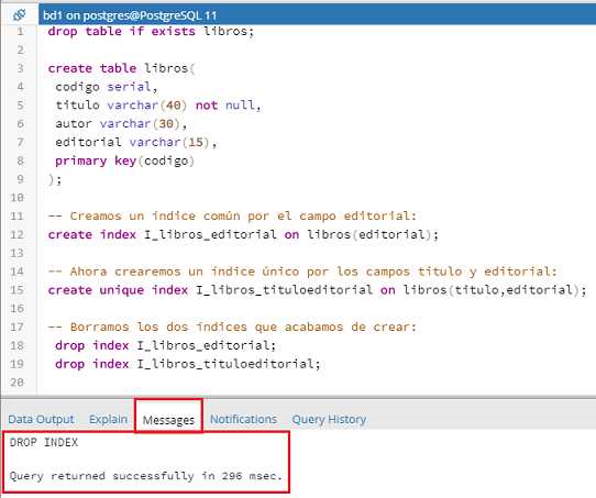 PostgreSQL pgAdmin create drop index