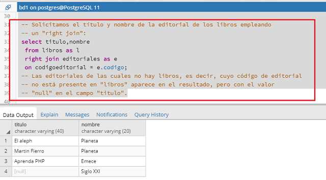 PostgreSQL pgAdmin right join