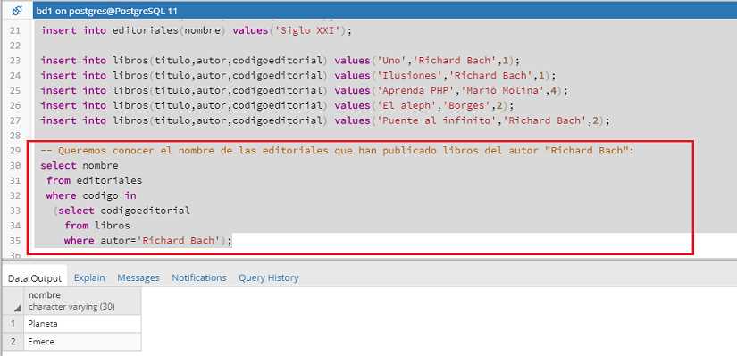 PostgreSQL pgAdmin subconsultas con in