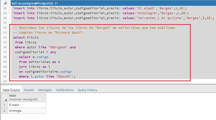 PostgreSQL pgAdmin subconsultas any some all