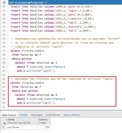 PostgreSQL pgAdmin subconsultas exists y not exists