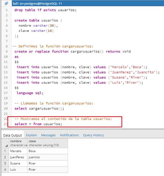 PostgreSQL pgAdmin funciones void