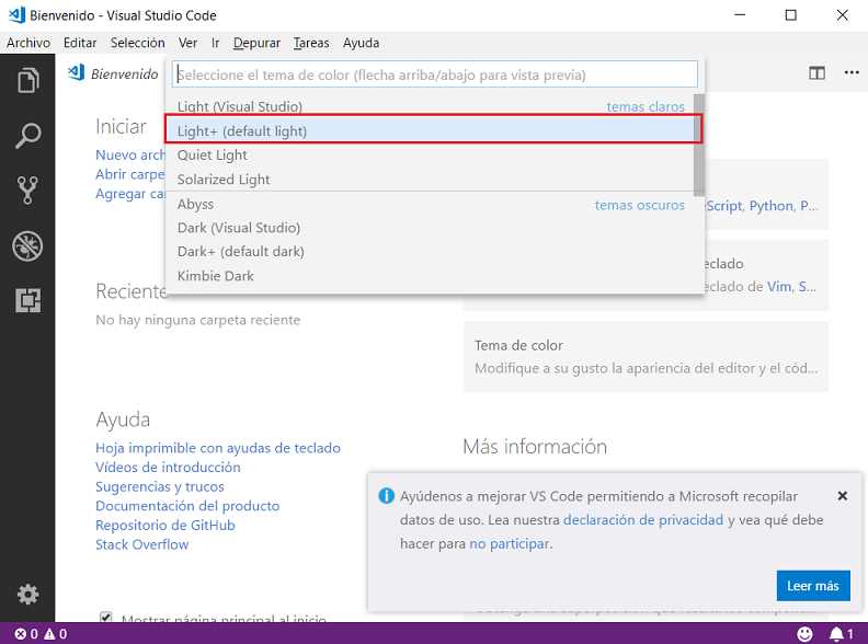 tema Light + (default light) vscode