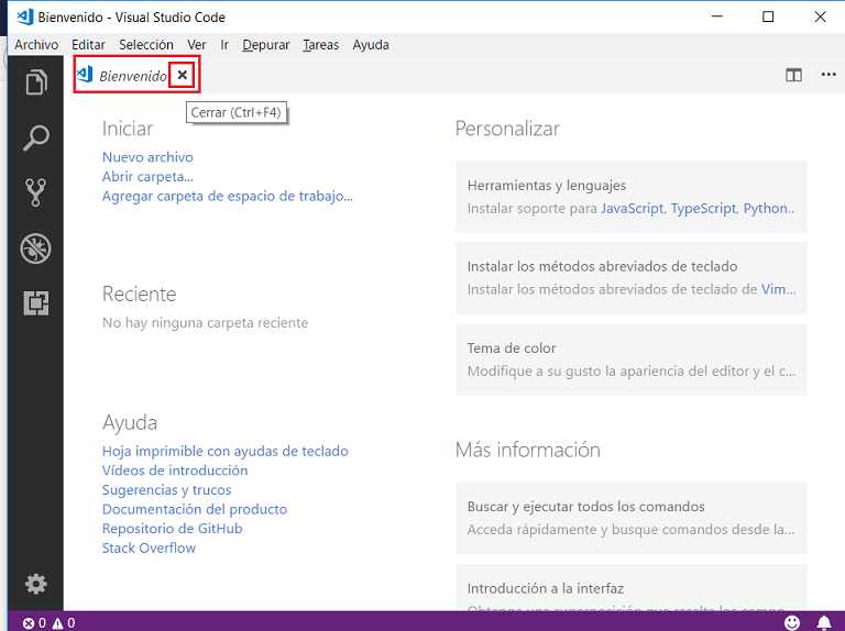 pestaña de bienvenida vscode