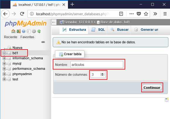 PHPMyAdmin creación de tablas