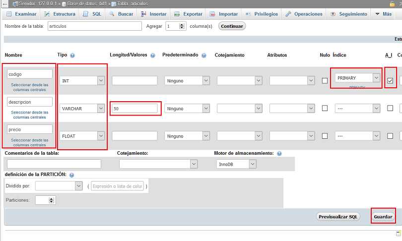 PHPMyAdmin creación de tabla articulos