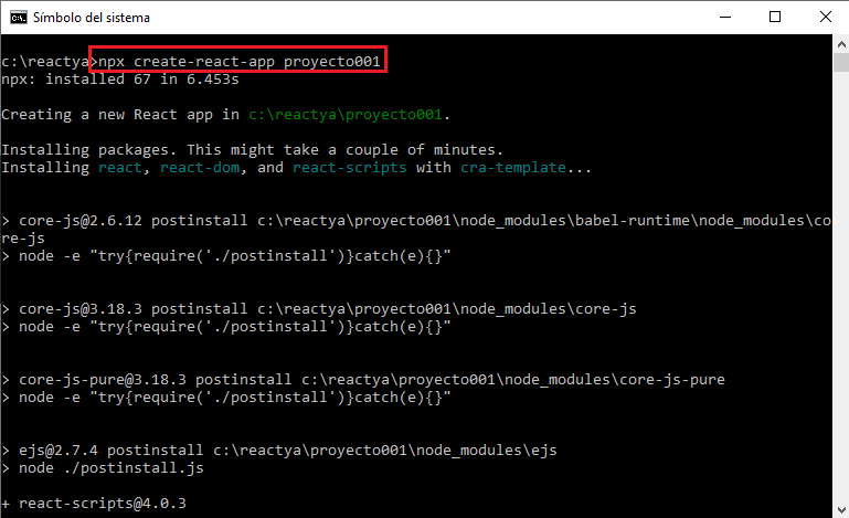 create-react-app nombre del proyecto