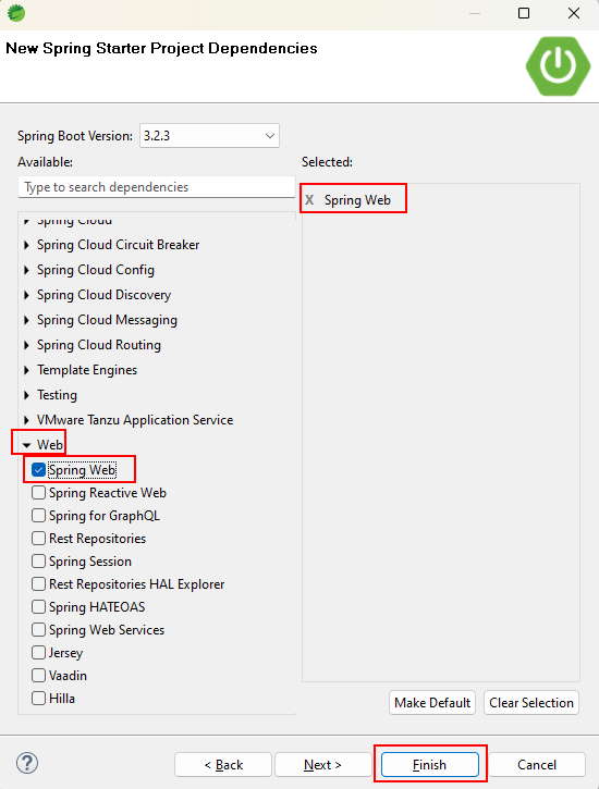 Selección de la dependencia Spring Web