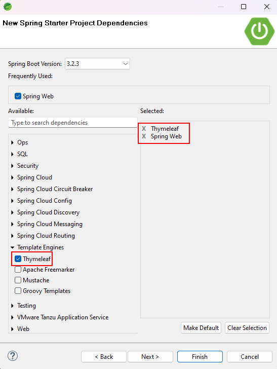 Selección de la dependencia Spring Web y Thymeleaf