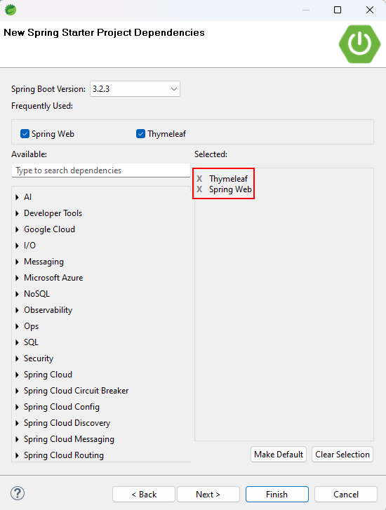 Selección de la dependencia Spring Web y Thymeleaf