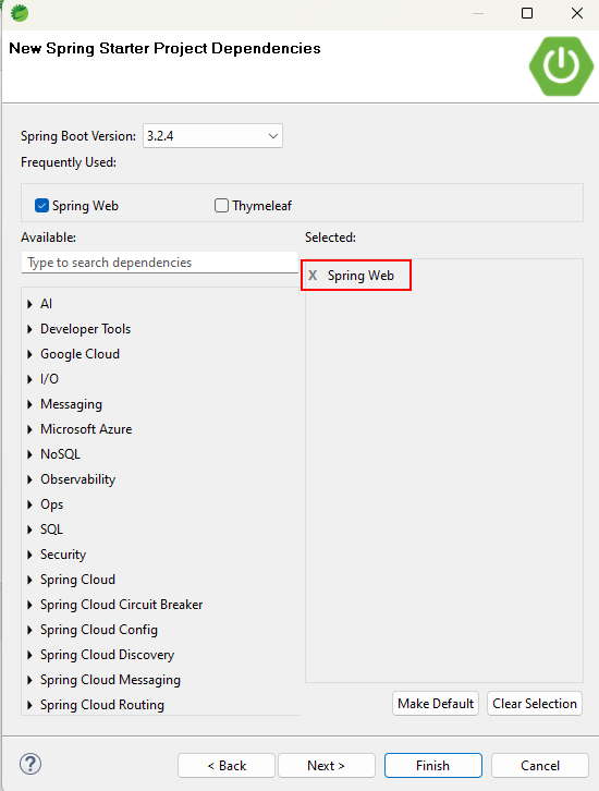 Selección de la dependencia Spring Web