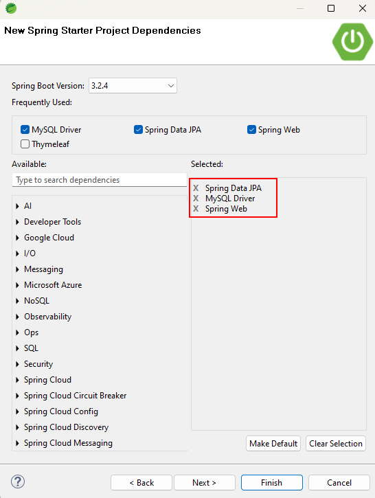 Selección de las dependencias Spring Web, MySQL Driver y Spring Data JPA