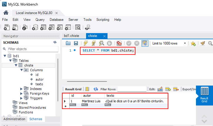 fila cargada en tabla mysql workbench
