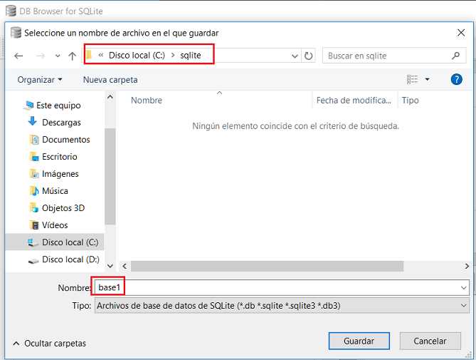 SQLite Browser nueva base de datos directorio y archivo