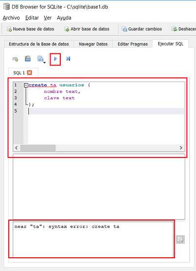 SQLite Browser Ejecutar SQL con errores