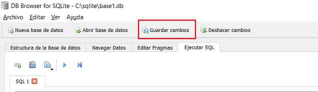 SQLite Browser opción guardar cambios