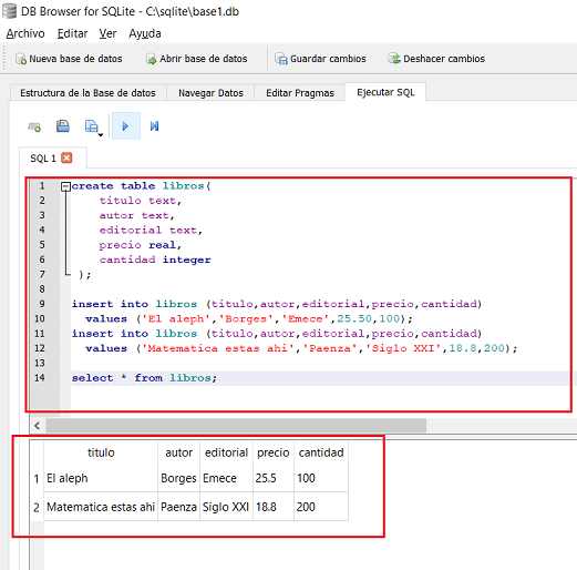 SQLite Browser varios comandos SQL