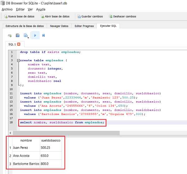 SQLite Browser select con varios campos