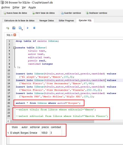 SQLite Browser select where