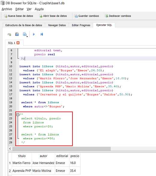 SQLite comentarios de bloque