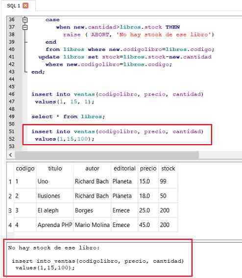SQLite Browser triggers raise