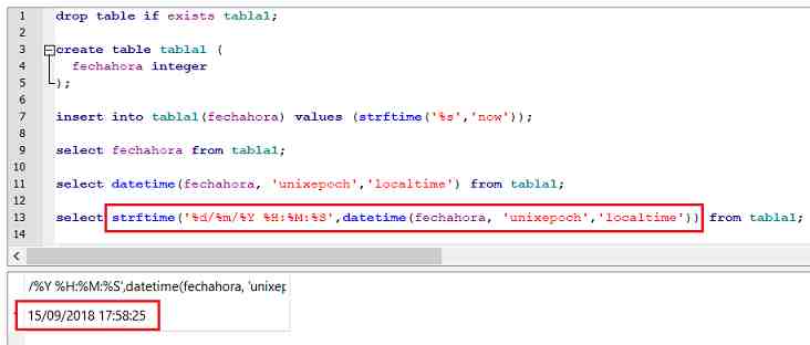 SQLite fecha hora integer datetime strftime