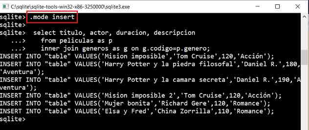 SQLite CLI .mode insert