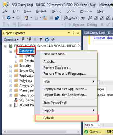 SQL Server Management Studio create database refresh