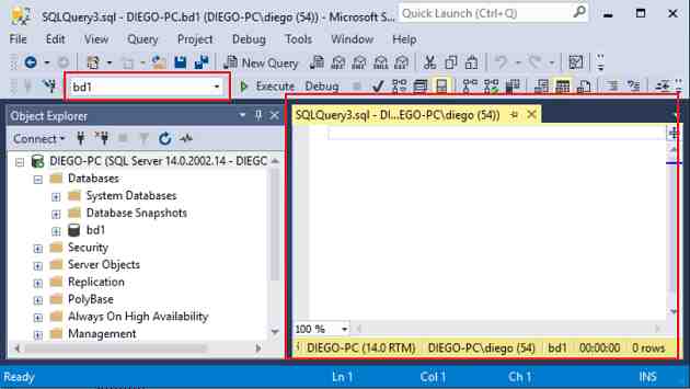 SQL Server Management Studio selección de base de datos