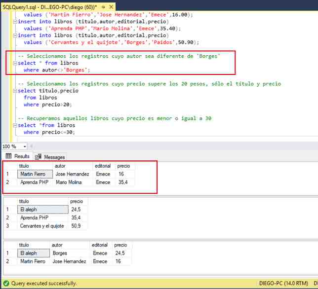 SQL Server Management Studio operadores relacionales