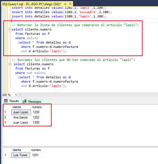 SQL Server Management Studio ejecución exists y not exists