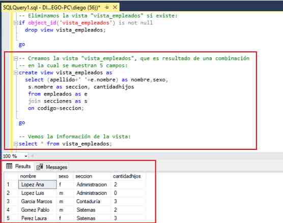 SQL Server Management Studio ejecución vistas