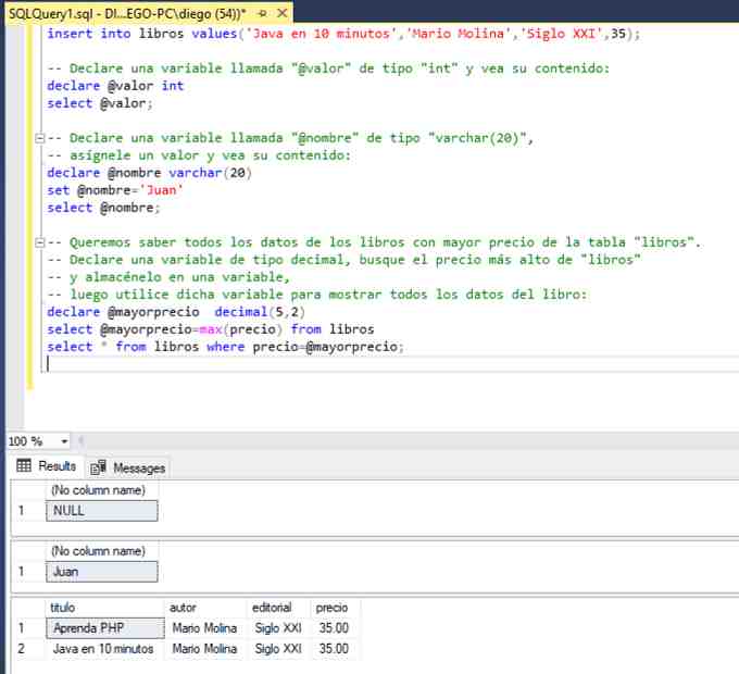 SQL Server Management Studio variables de usuario