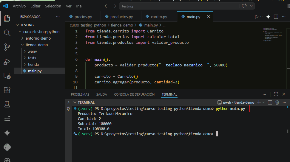 Ejecución del proyecto tienda-demo desde la terminal